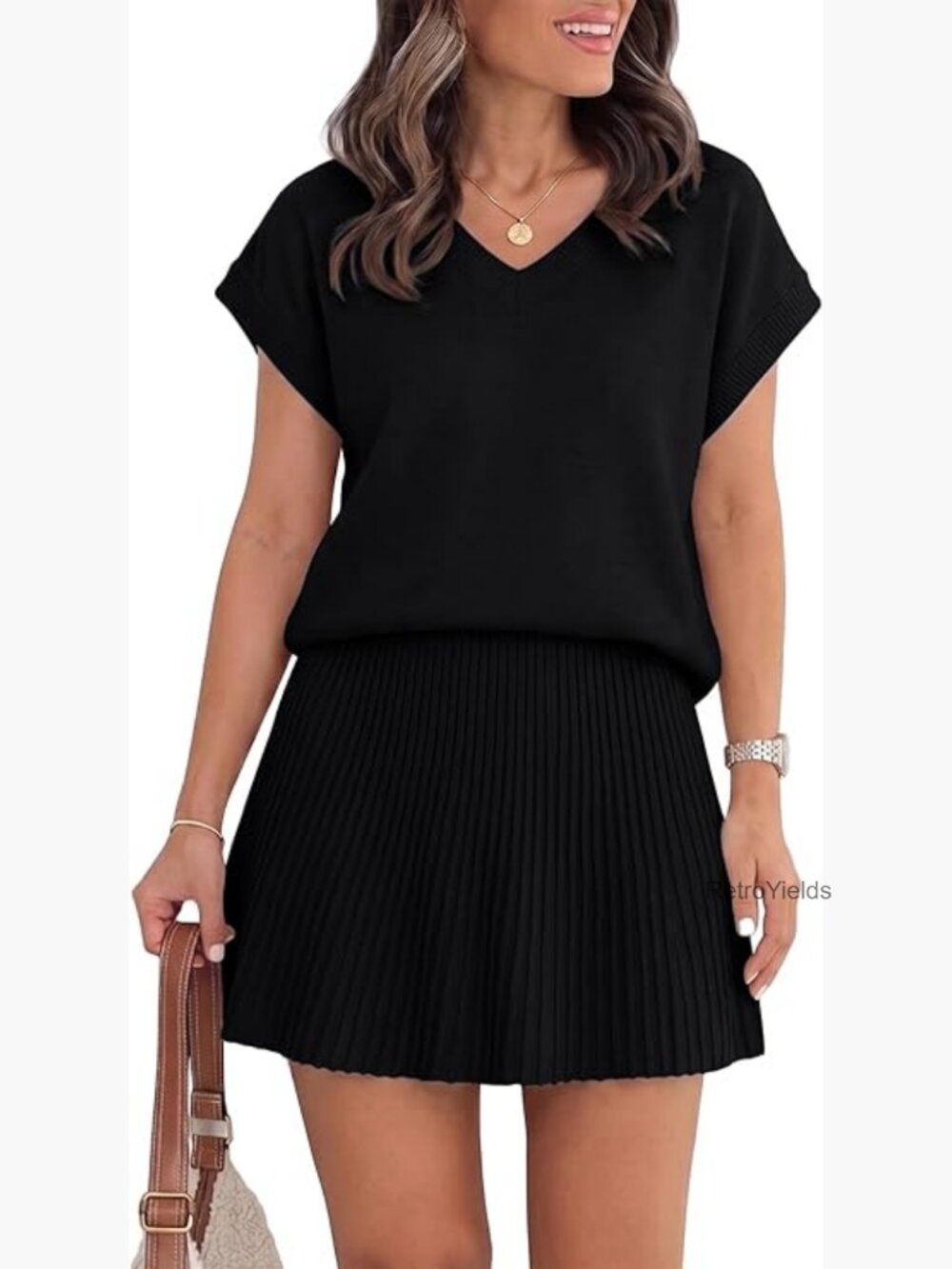 2 Piece Skirt Set Matching Lounge Set Knit Top Pleated Mini Skirt